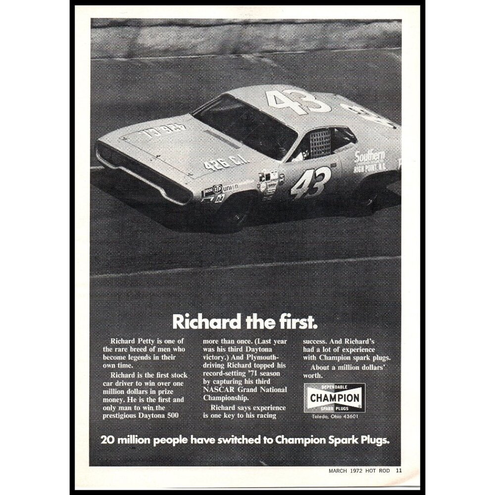 1972 Champion Spark Plugs Vintage Print Ad Richard Petty NASCAR Wall Art Photo
